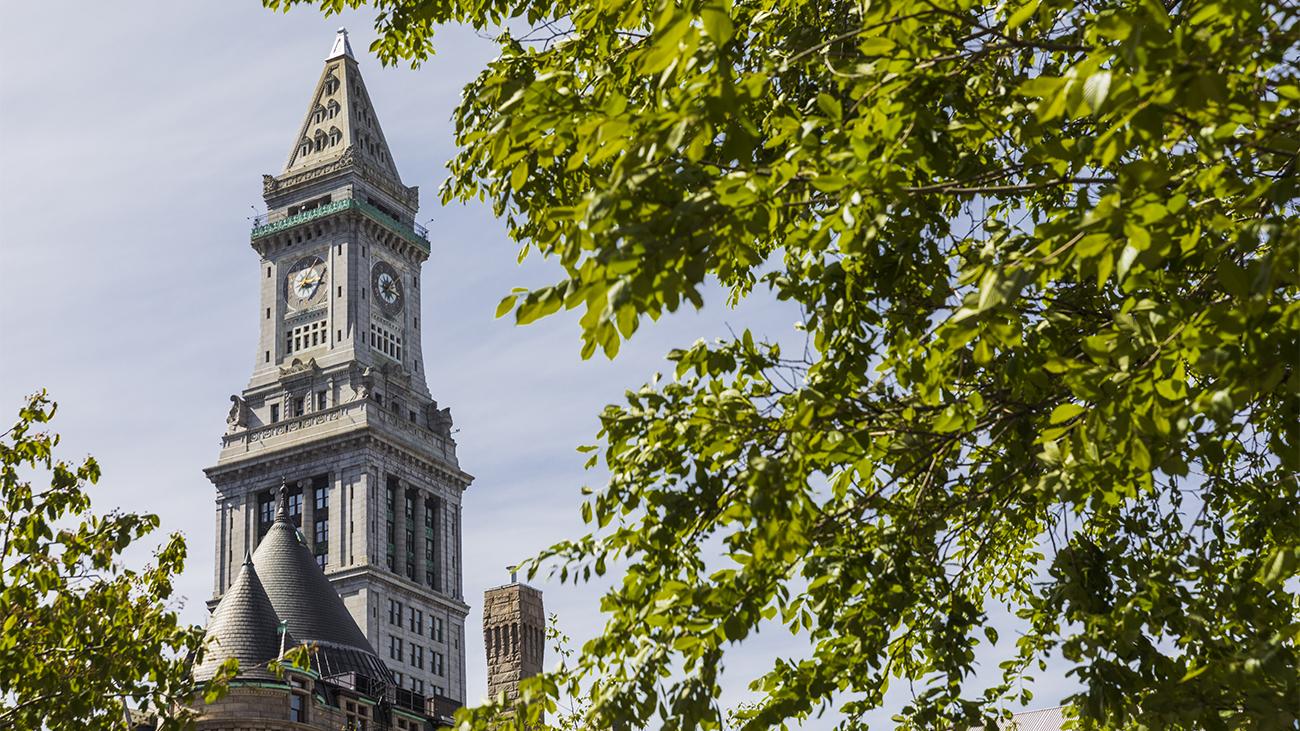 Boston Custom House Tower framed by trees, a Marriott Vacation Club timeshare destination